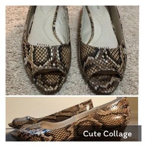 Snakeskin peep toe wedge shoes.